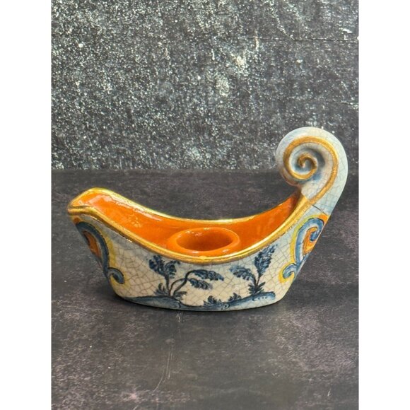 Vintage Veneto Flair Candlestick Signed 1976 Italian Ceramic Scroll Design - Picture 4 of 9